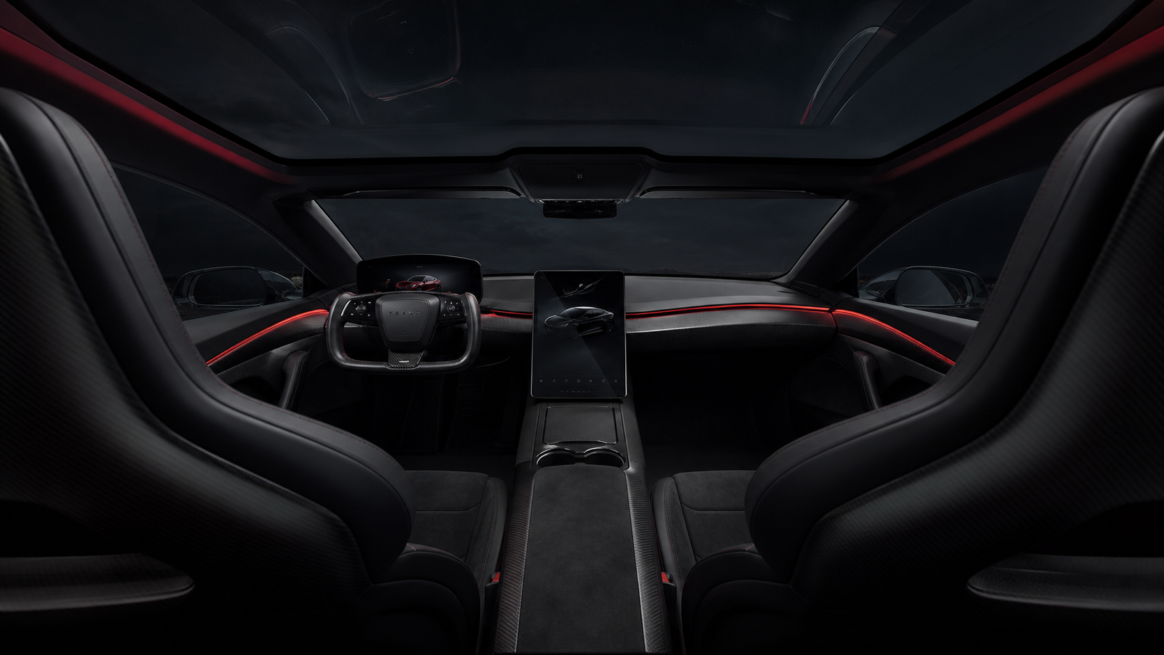 Minimal Roadster cockpit with glass roof and red ambient lighting