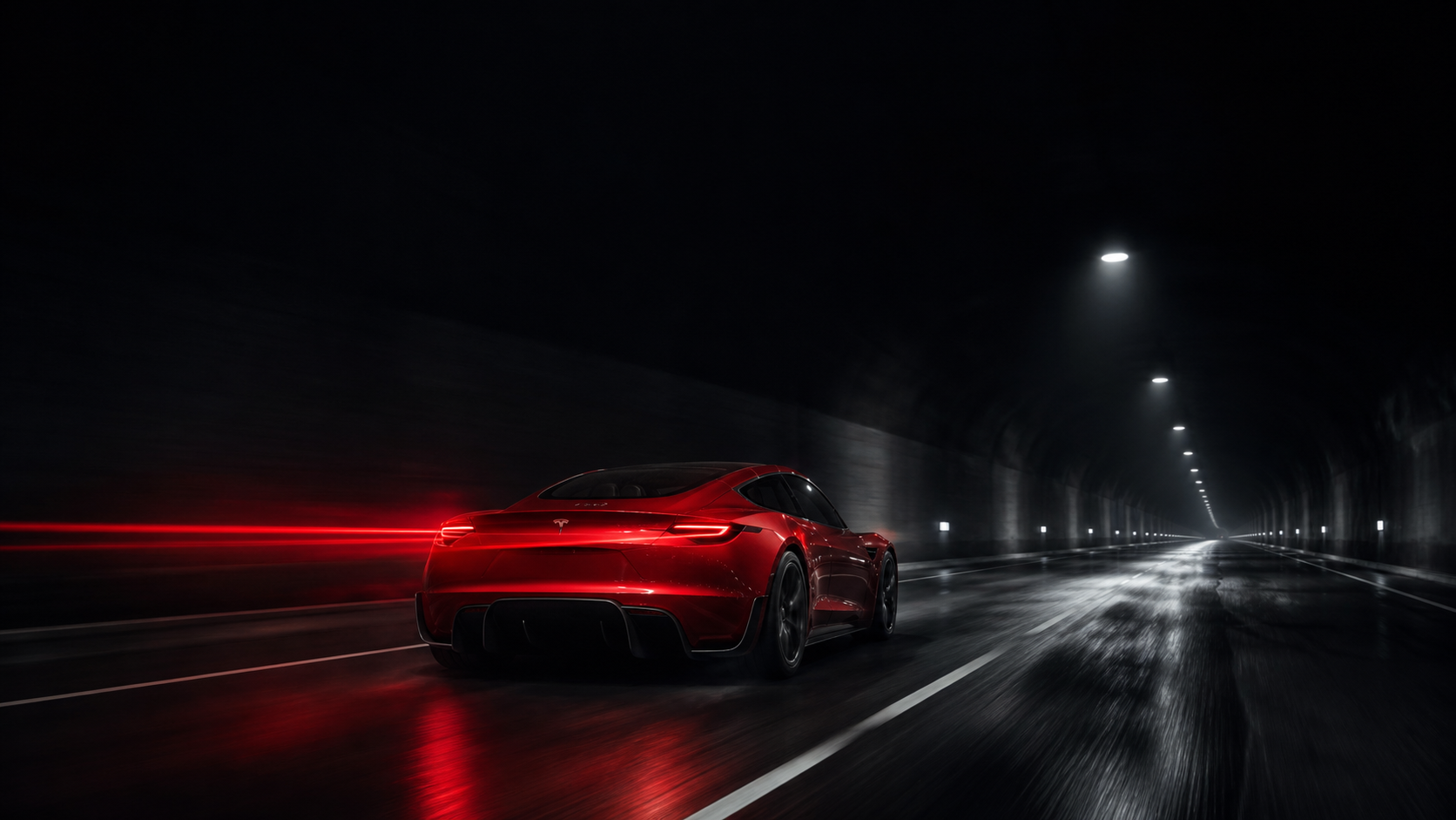 Red Roadster accelerating into a dark wet tunnel